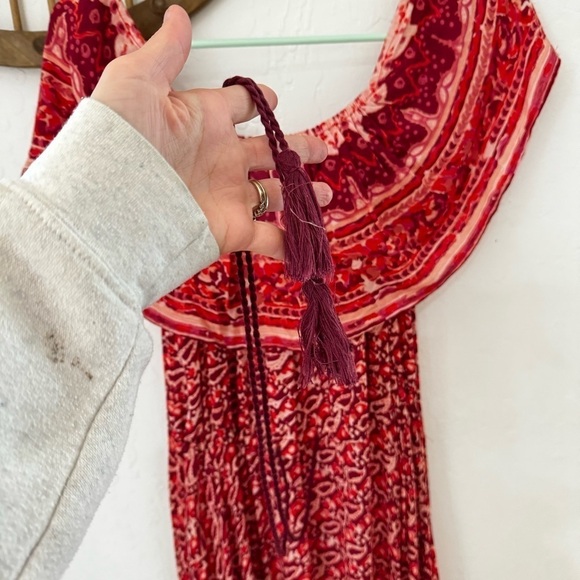 Nightcap Clothing Samba Gown Sunrise Print Red Pink Smocked Waist Tassel Size 2 - Picture 7 of 12